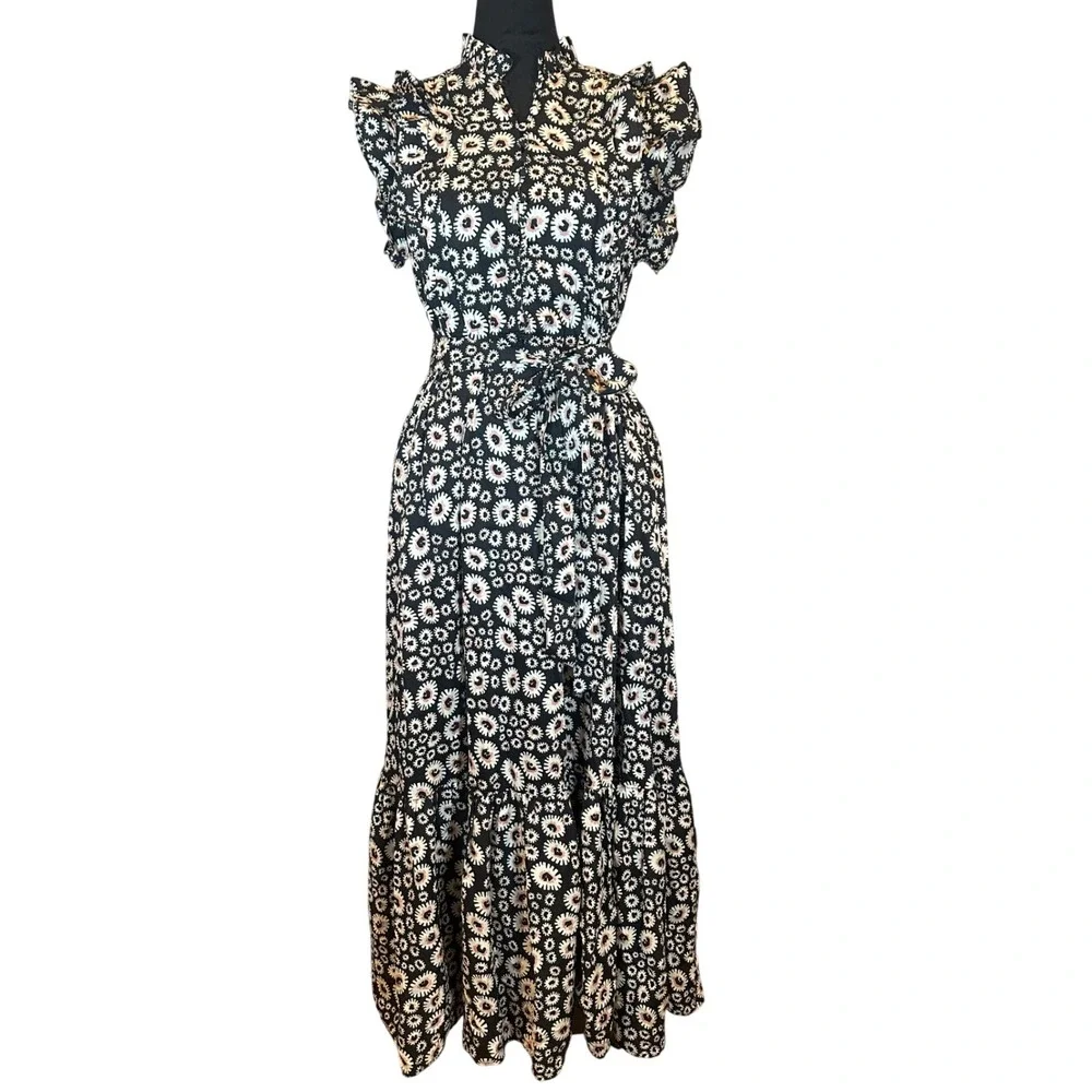 Outerknown Canyon Midi Dress Sz S Organic Cotton Pitch‎ Black Bramble Daisy Belt